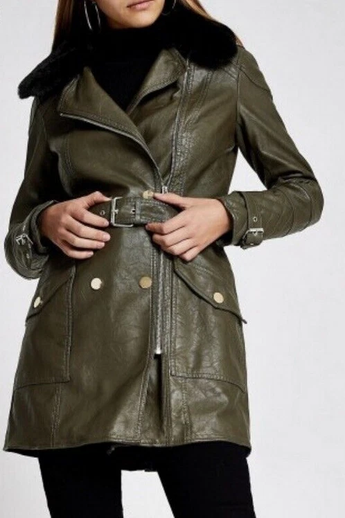 River Island Womens Olive Khaki Faux Leather Belted Jacket Coat RRP 80