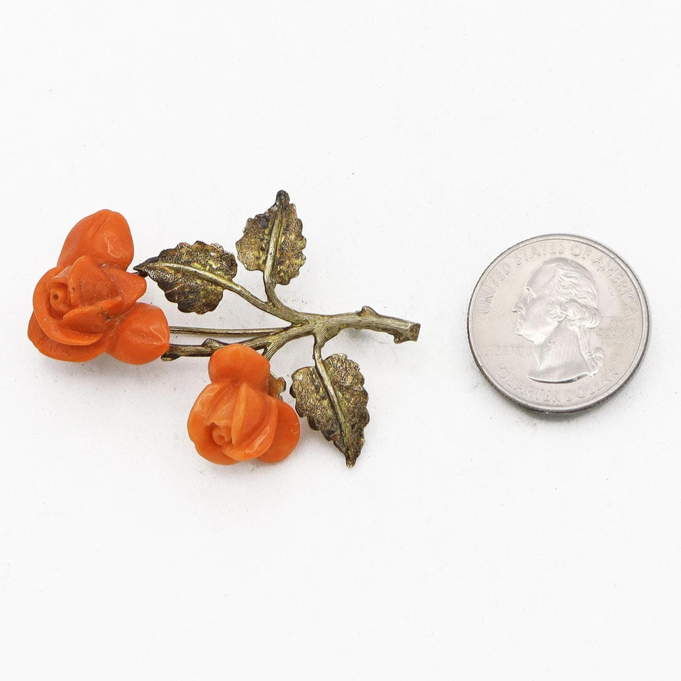 Broche broche antiguo chapado en oro plateado coral rojo flor Foto 3 de 3