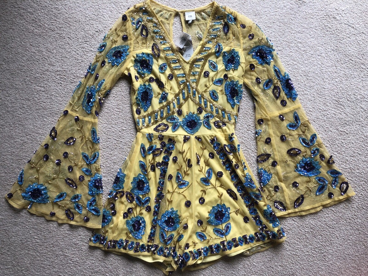 RIVER ISLAND YELLOW BLUE SEQUIN SPARKLE ROMPER MIRAGE DRESS SZE