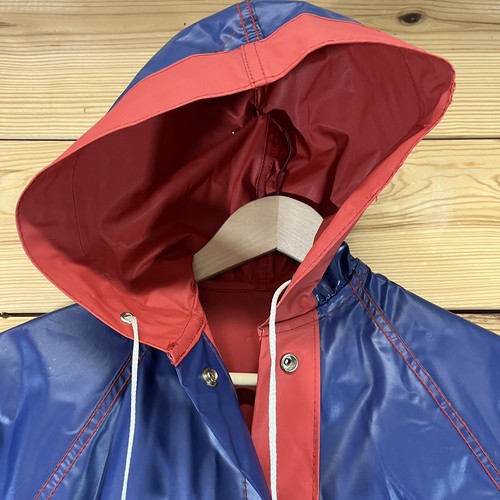 Vtg Rain Jacket Kids Small Slicker Hooded PVC Reversible Red Blue Gator Logo B95 - Picture 15 of 16