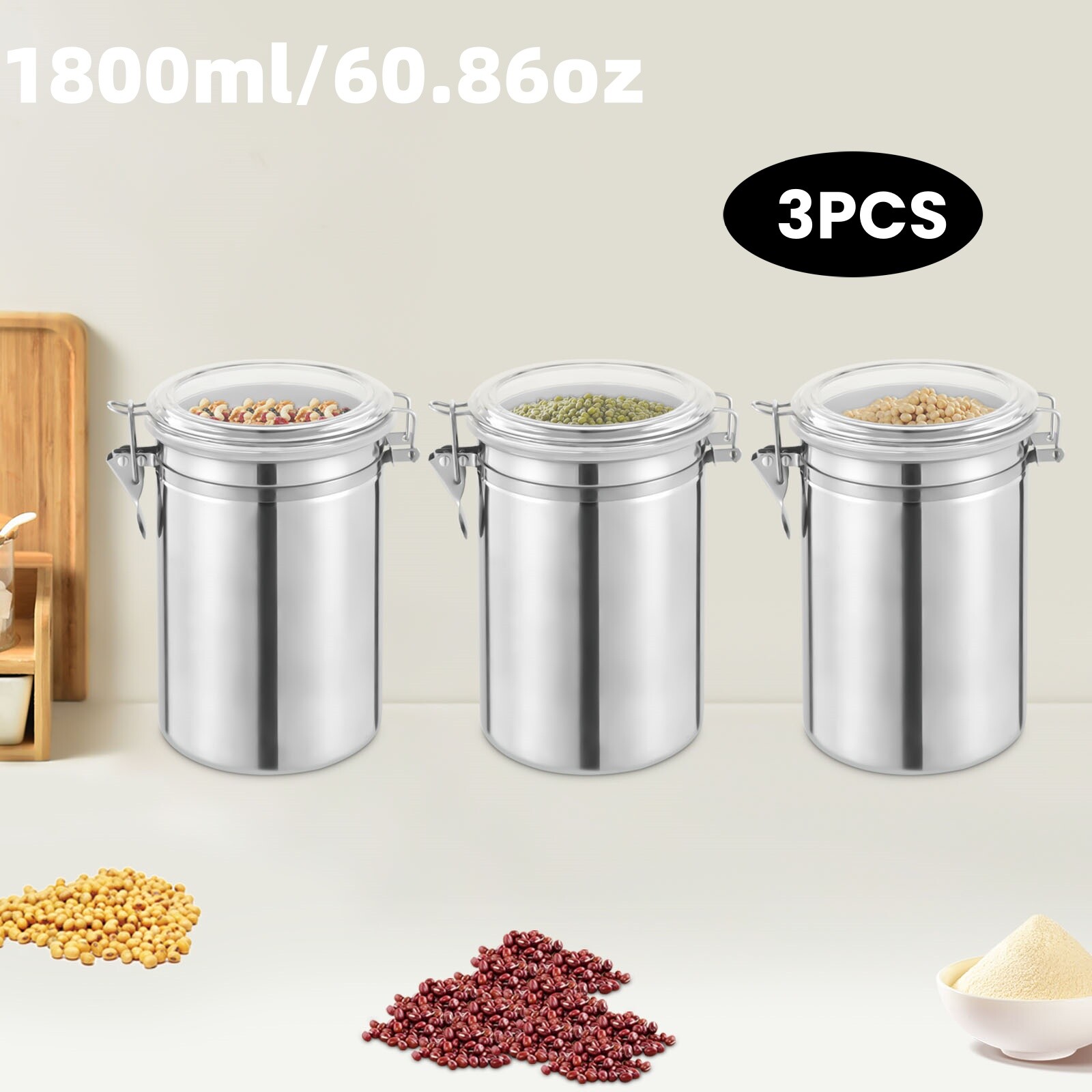 1800ml 3pcs Stainless Steel Canister Set - Airtight Food Storage Canisters Jars