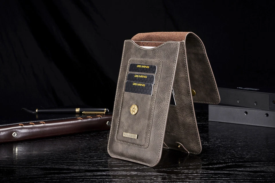 Estuche de cuero para tarjeta de gran capacidad bolsa con clip para cinturón funda con anillo para teléfono celular Foto 3 de 4