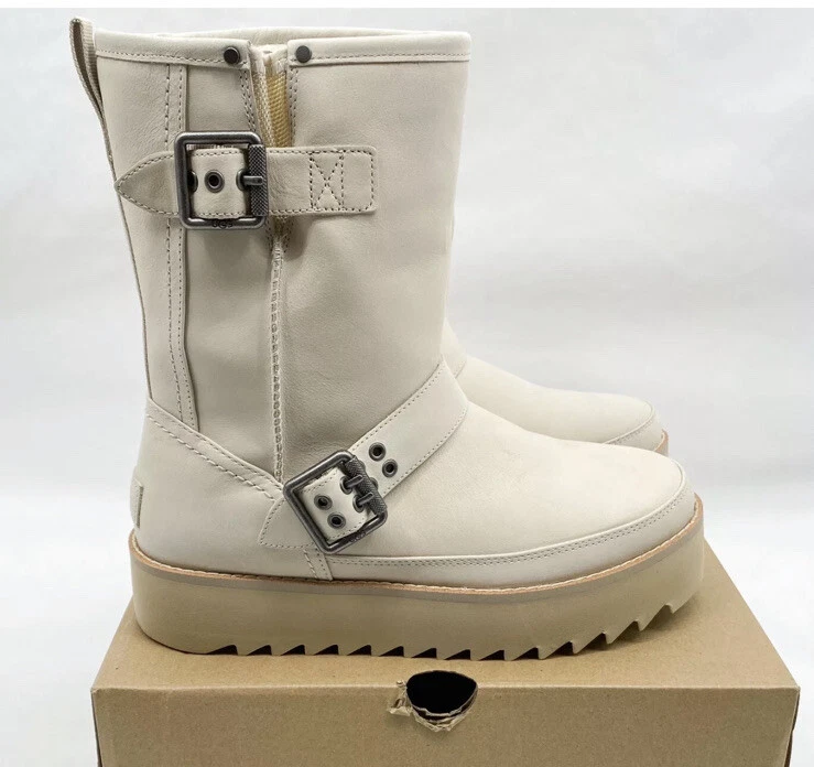 UGG CLASSIC REBEL BIKER SHORT ROCKER BONE LEATHER PLATFORM BOOTS SIZE 7  WOMEN