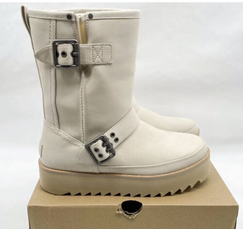 UGG CLASSIC REBEL BIKER SHORT ROCKER BONE LEATHER PLATFORM BOOTS SIZE 7 WOMEN - Afbeelding 1 van 2