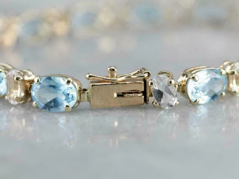 9ct Oval Simulated Aquamarine Women's Tennis Bracelet 14k Yellow Gold Plated - Image 3 of 4
