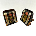 Antique Metal and Wood Hand Painted Floral Book Ends Lot of 2