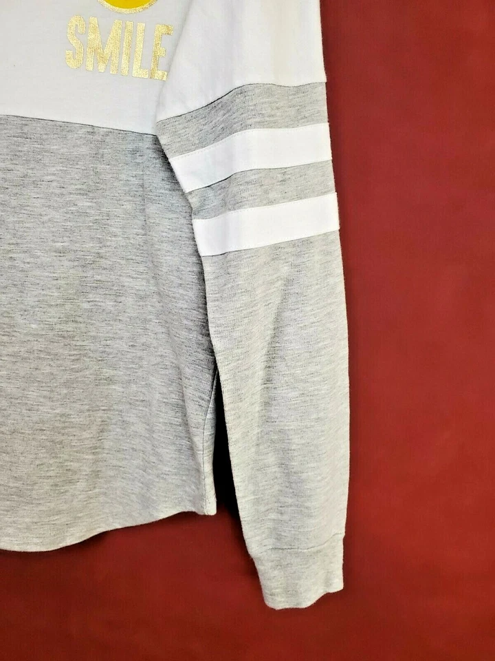 Women's Pullover Long Sleeve Tee-Shirt Gray & White Junior S Yellow Smile Emoji - Image 2 of 4