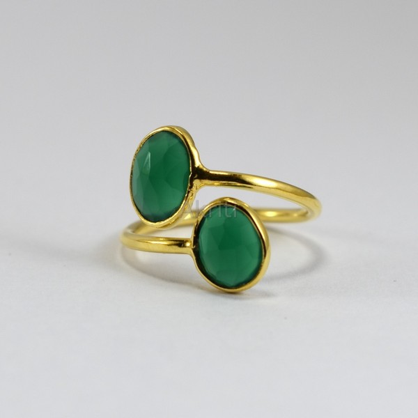 Alternate view of Good Health Double Green Onyx 925 Sterling Silver Ring Gold Plated Handmade
