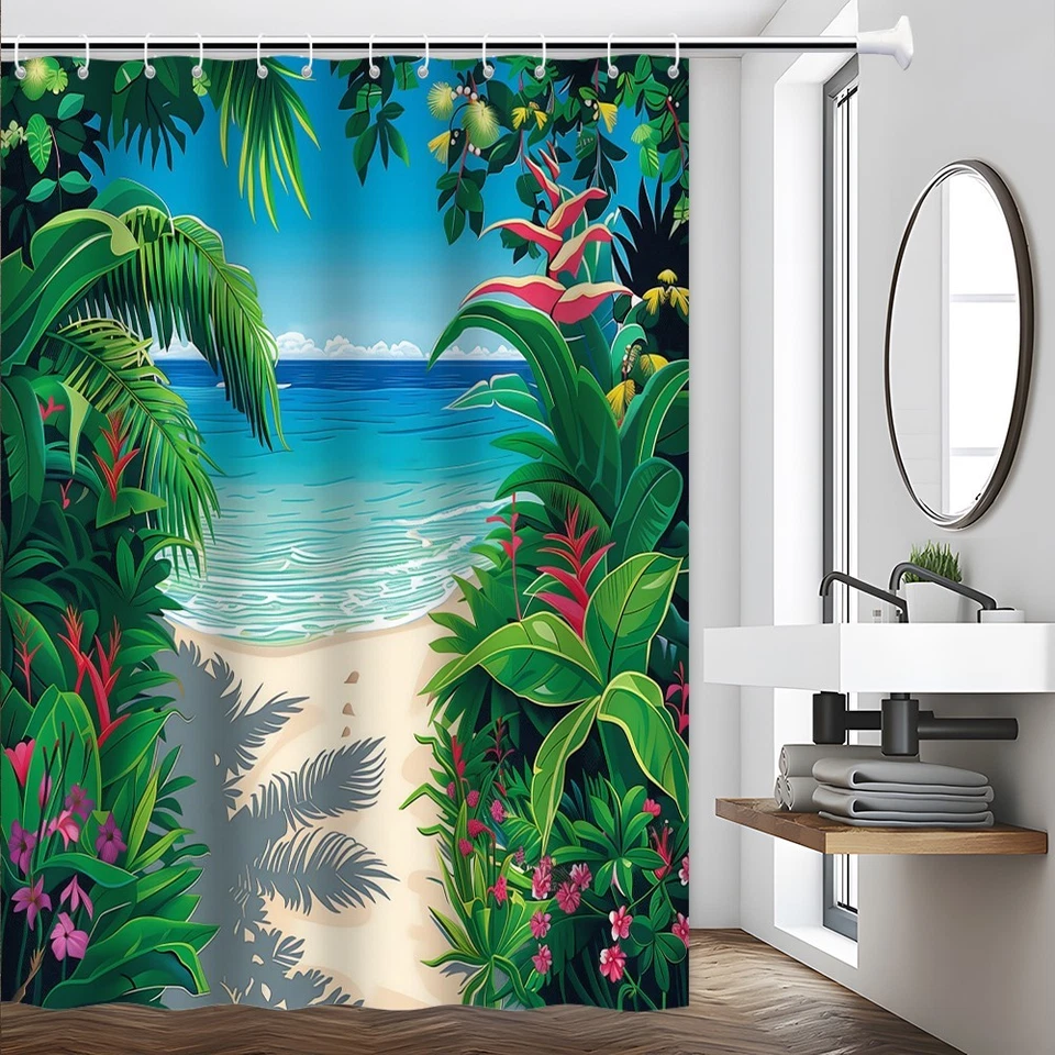 Занавеска для душа тропический пляж вид на океан зеленые листья джунглей летняя ванная комната - Изображение 4 из 4