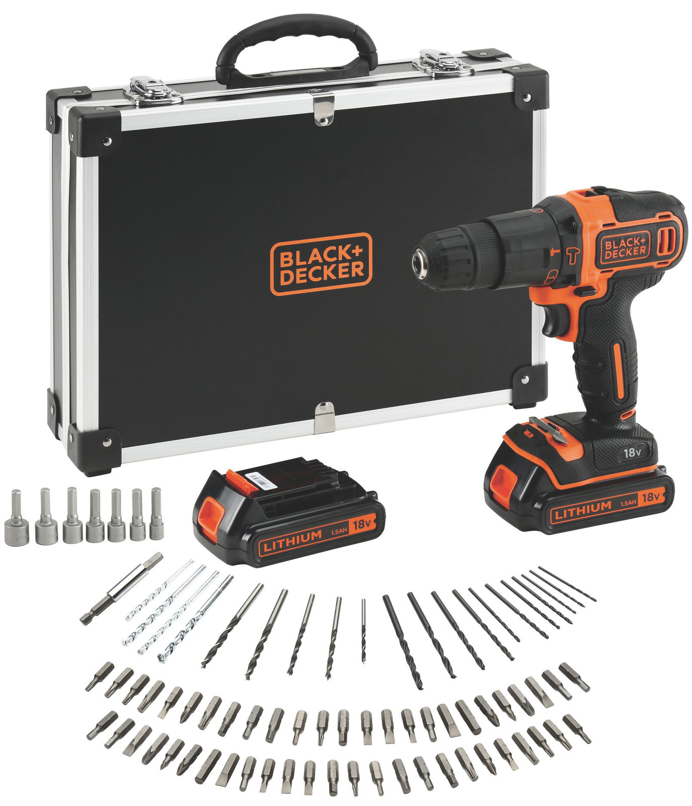 Black+Decker TRAPANO AVVITATORE  18V 2 batterie 1,5 Ah + 80 accessori