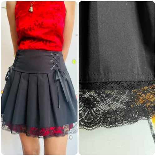 Vintage 90s Y2K Black Pleated Goth Fairy Coquette Babydoll Mini Skirt w Lace | S - Picture 4 of 5