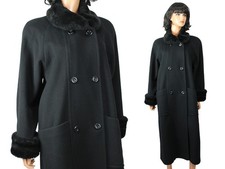 80s Winter Coat 8 M Vintage Larry Levine Black Soft Wool Faux Fur Collar Cuffs