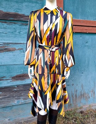 Vintage Belted Dress Funky Racing Stipes and Designer Cut   2001