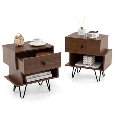 Mid Century Modern Beistelltische 2er Set mit herausnehmbarer Schublade - Nussbaum