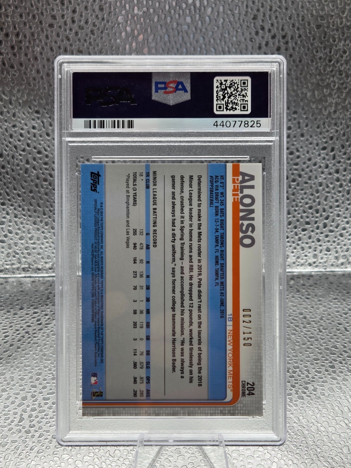 2019 Topps Chrome BLUE REFRACTOR ~ PETE ALONSO Rookie Card /150 PSA 10 GEM MINT view 3