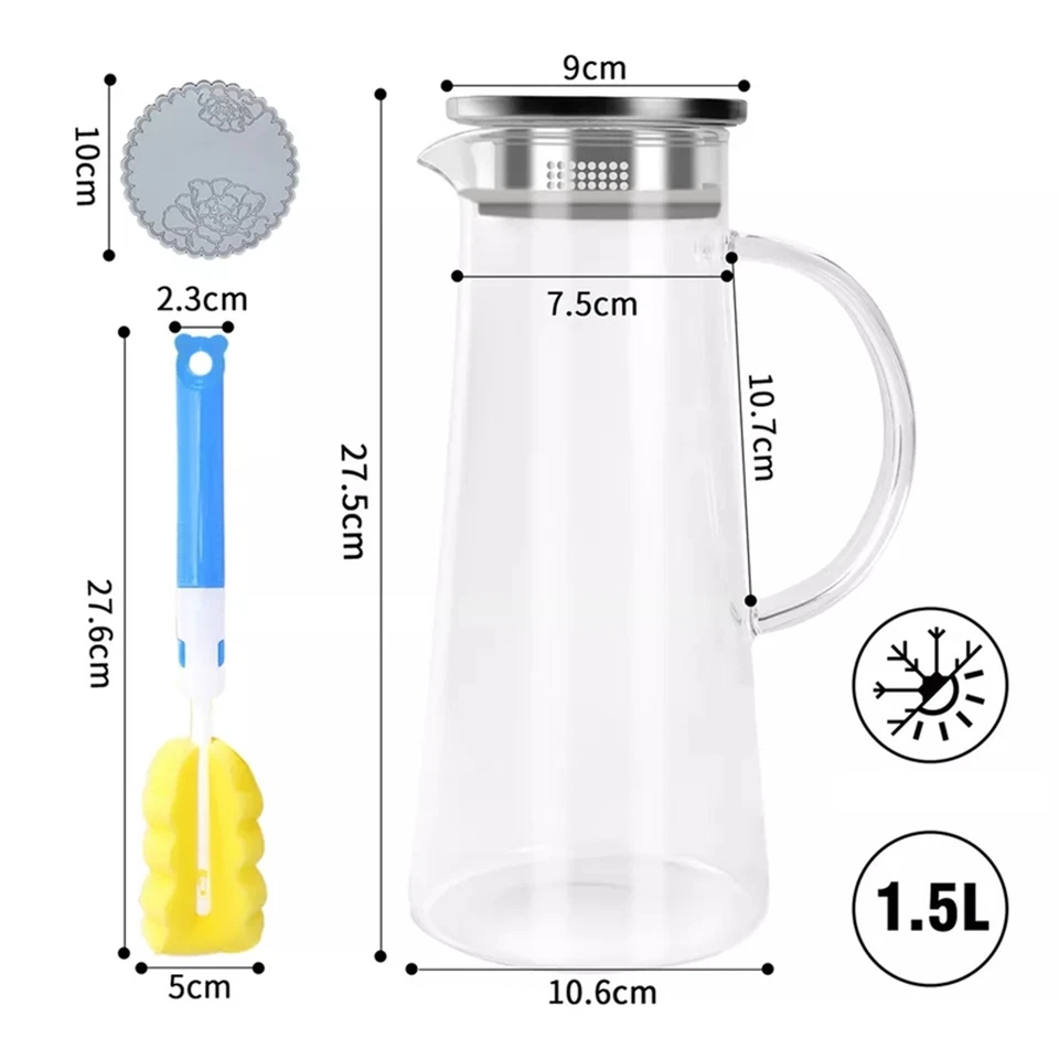 1.5L Wasserkaraffe Wasserkrug mit Deckel Filter Wasser Karaffe Glas Glaskaraffe - Bild 2 von 4