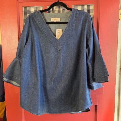 Philosophy Women's Blue Cotton Denim Bell Sleeve Tunic Shirt Top Size 0X NWT