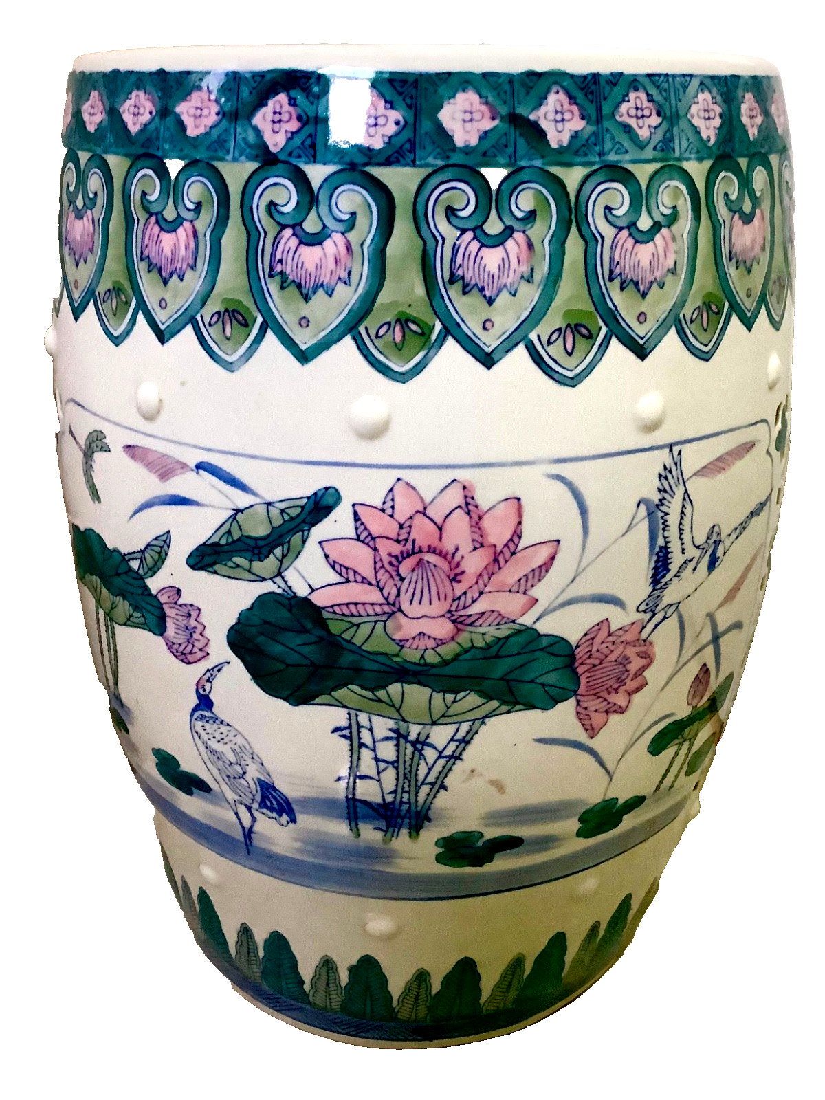 Chinese Ceramic Porcelain Garden Stool Pink Blue Green Lotus Motif Lily Pad Bird