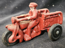Reproduction 1930s Cast Iron Motorcycle Red Crash Car with Driver 4 Inches