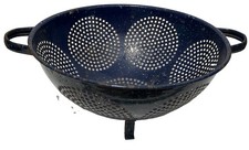 Vintage 1940's Blue Speckled Enamelware Colander 3-Footed Strainer Rustic