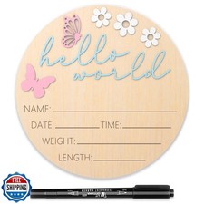 Baby Announcement Sign, 5.9 Inch Wooden Hello World Newborn Signs, Birth Anno