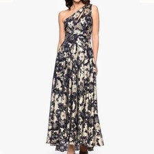 Betsy  Adam - Gwen Long One Shoulder Wrap Foil Flower Dress