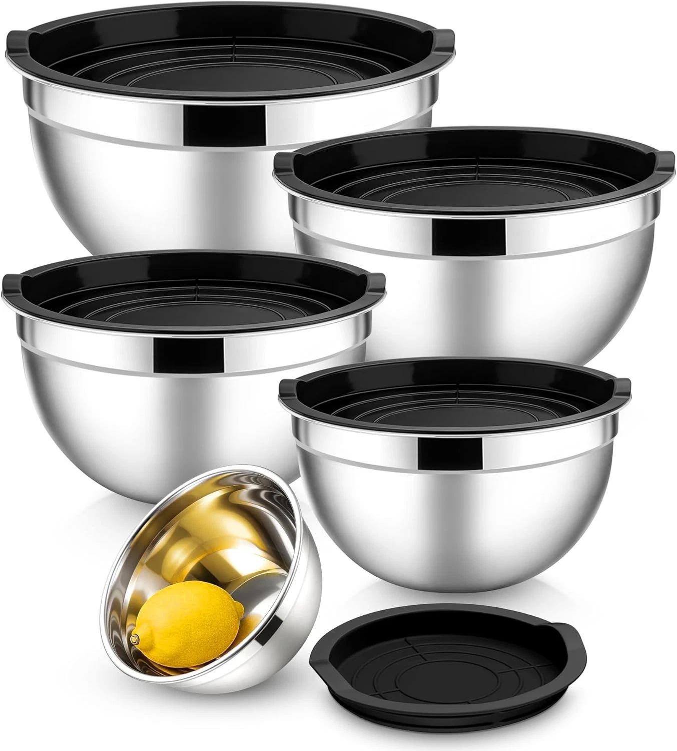 Mixing Bowls Set of 5 Stainless Steel with Lids Nesting Kitchen Cooking Baking