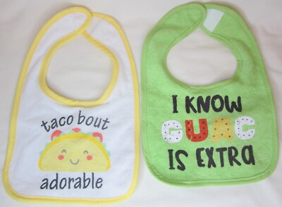 New Set of 2 Baby Bibs Yellow Taco bout Adorable, Green I Know Guac is Extra