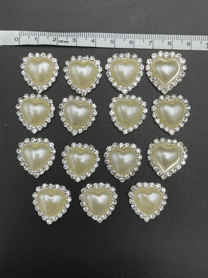 15pcs Heart Ivory Pearl Rhinestone FLATBACKS Button Silver 21x22mm NO SHANKS - Image 3 of 4
