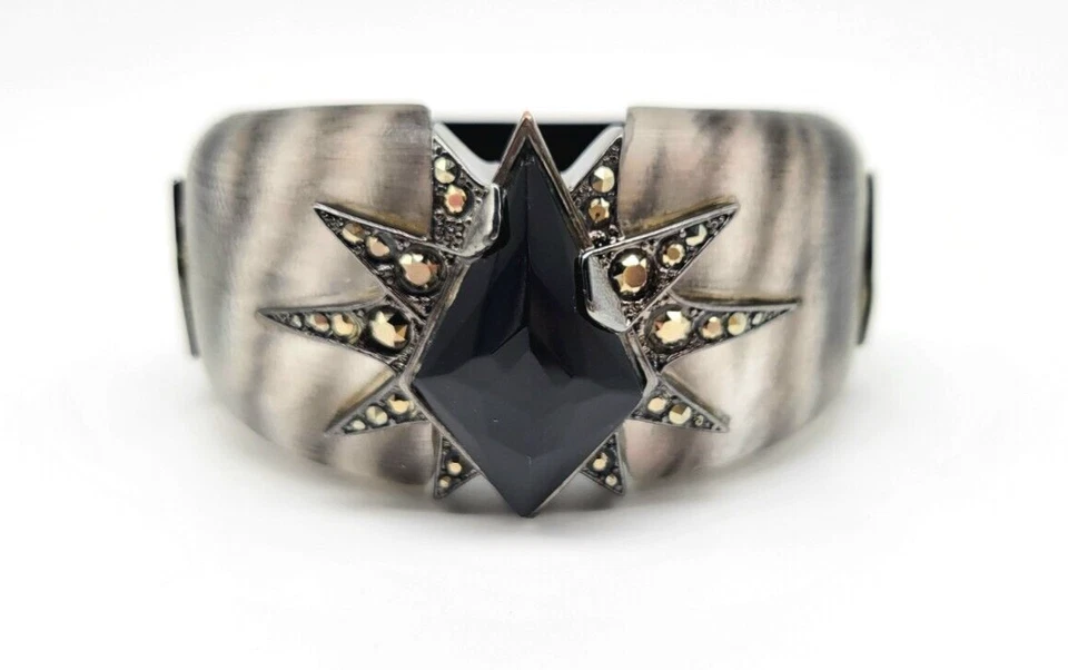 Alexis Bittar Zebra Print Hinged Bangle with GENUINE ONYX + Swarovski Crystals