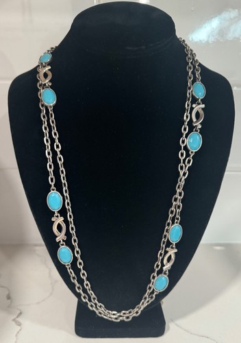 Vintage 52" Silver Tone Chain & Faceted Turquoise Colored Cab Necklace