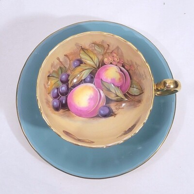 Aynsley England Orchard Fruits Signed by D. Jones Sage Green Cup & Saucer    578