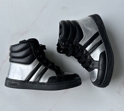 Gucci Kids Black Silver Metallic Hightop sneakers 23 Designer