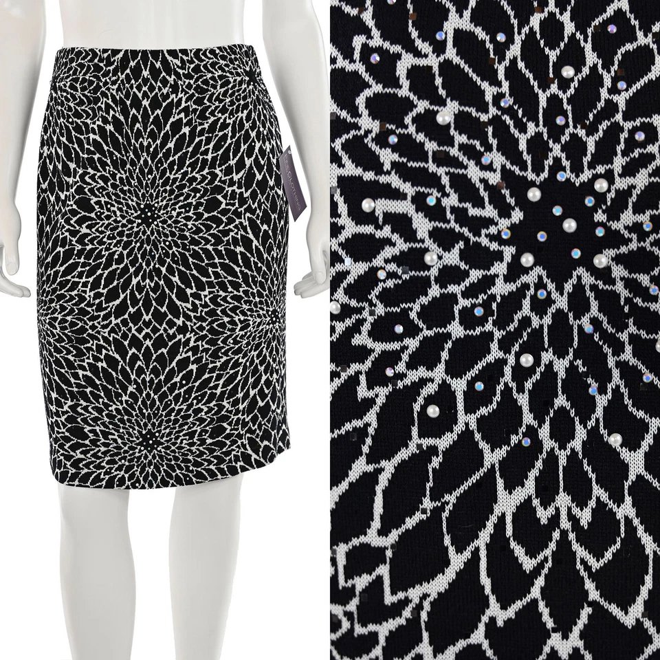 St John Evening Aurora Borealis Crystal/Pearl Black/White Floral Skirt sz 4