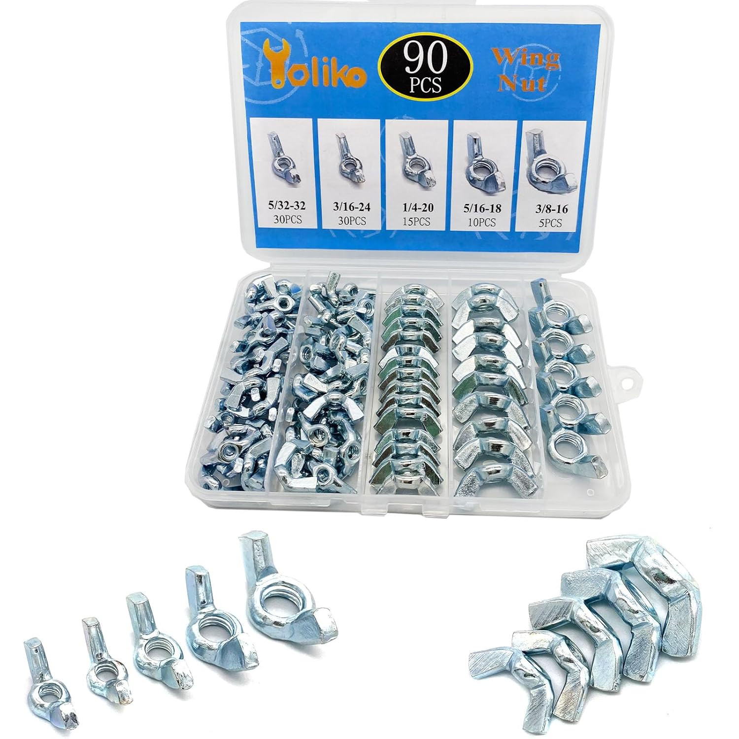 90PCS Wing Nut Assortment Kit - 5 Sizes, Zinc Plated Carbon Steel