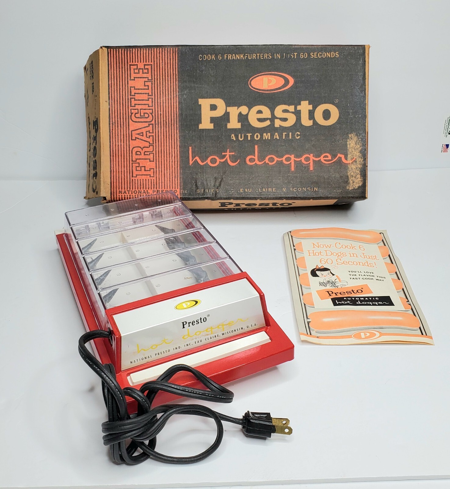 Vintage Presto Hot Dogger Electric Hot Dog Cooker Red / White Tested