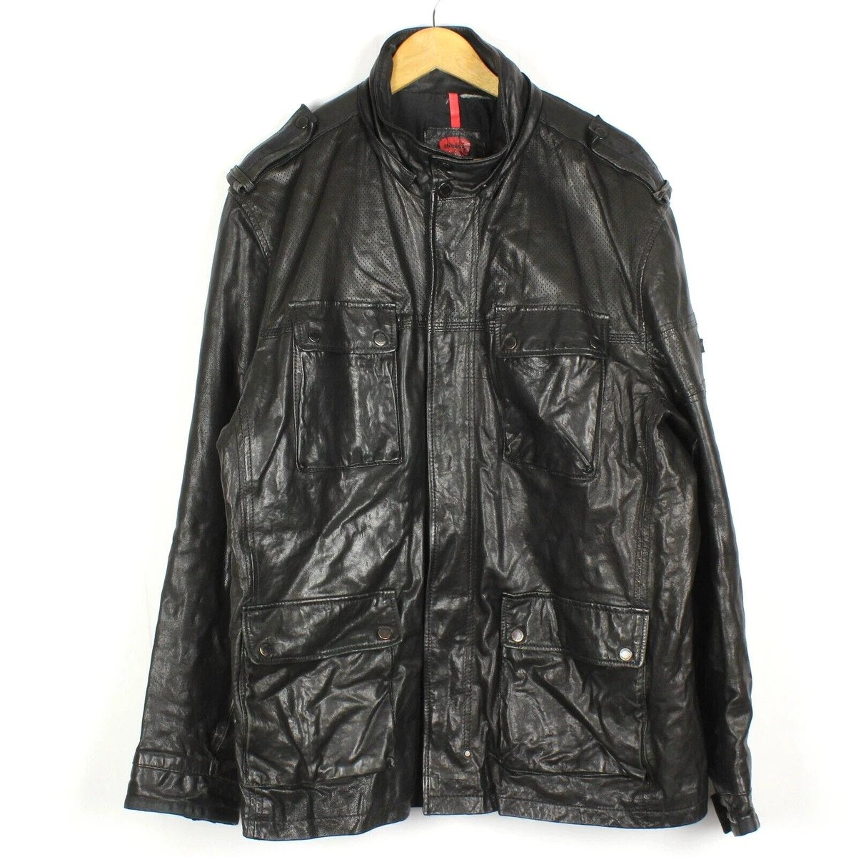 STRELLSON Men s Leather Jacket Size 60 4XL Black Full Zip Pockets