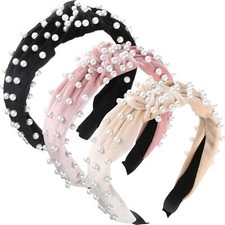 3 Pieces Pearls Headband Knotted Headband for Women Velvet Pearls Headband fo...