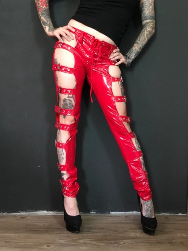 PVC Red Leather pants with Buckle Side Closure in Red Lace up Goth - Picture 4 of 7