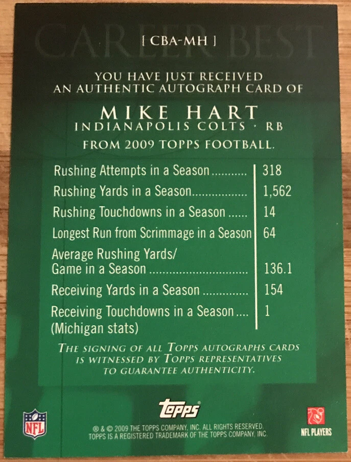 2009 Topps Career Best Autographs Mike Hart CBA-MH Indianapolis Colts - Image 2 of 2