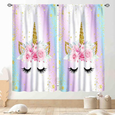 Unicorn Curtains for Girls Bedroom, Ombre Rainbow Pink Gold Princess Unicorn Col