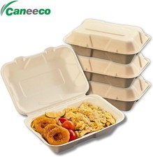 50x 9x6" Bagasse Takeaway Meal Boxes PFAS Free TUV Compostable Food Container