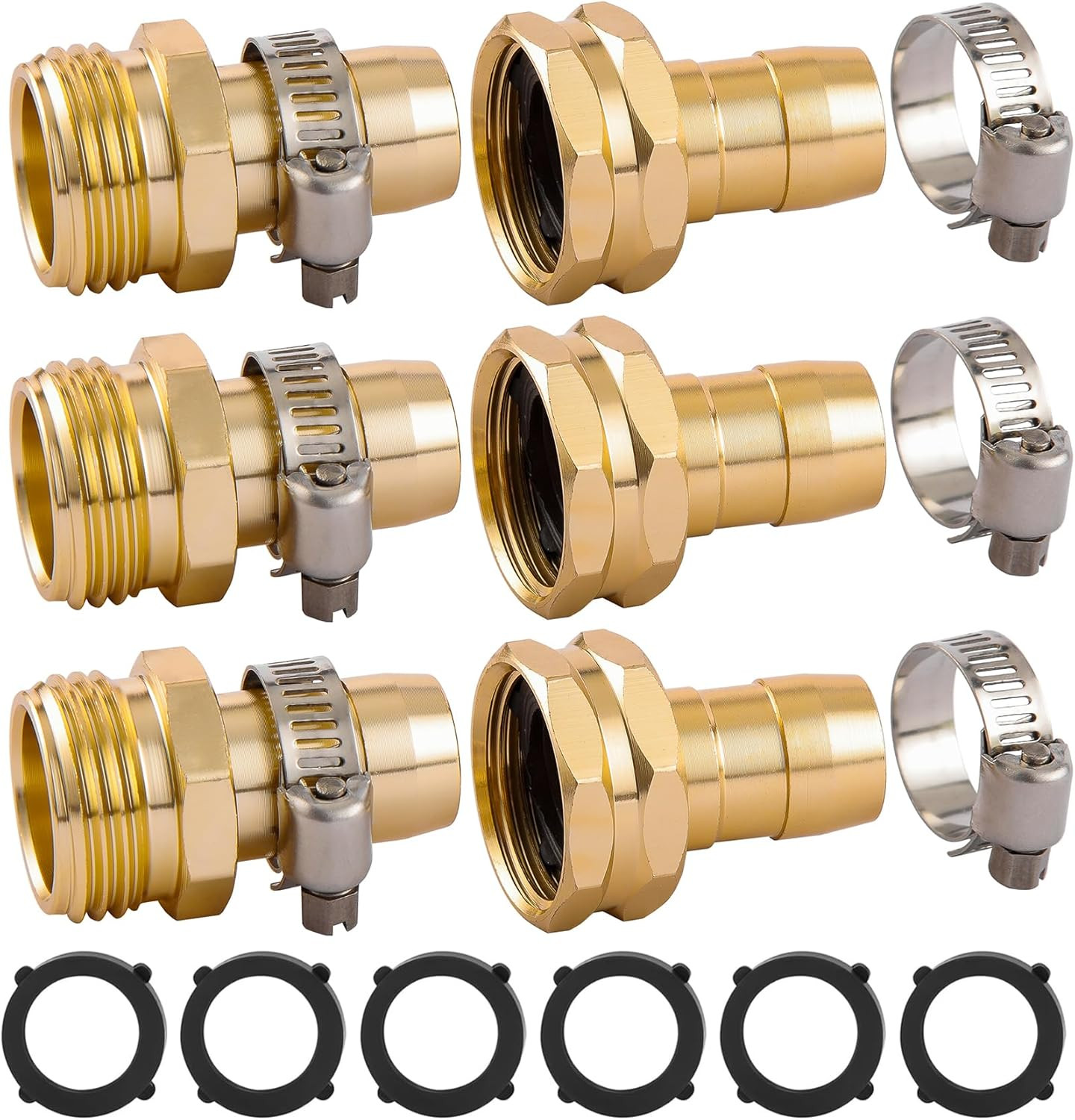3 Set Garden Hose Repair Connector Kit with Clamps, Fit for 3/4" or 5/8" Garden