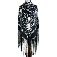 Antique Hand-Embroidered Silk Piano Shawl Floral Wrap with Long Fringe Vintage