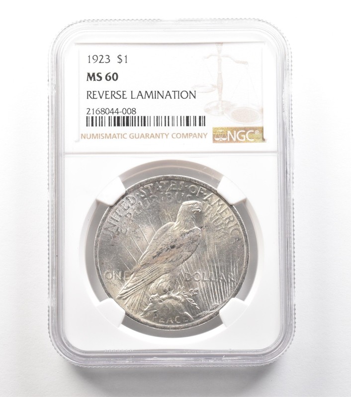 1923 Peace Silver Dollar Reverse Lamination MS60 NGC a4572