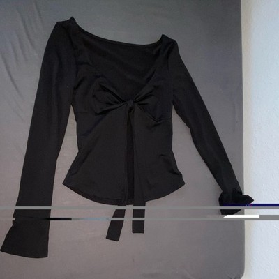 shein Damen Bluse bauchfrei Schwarz Langarm V-Ausschnitt Schleife Gr. 32