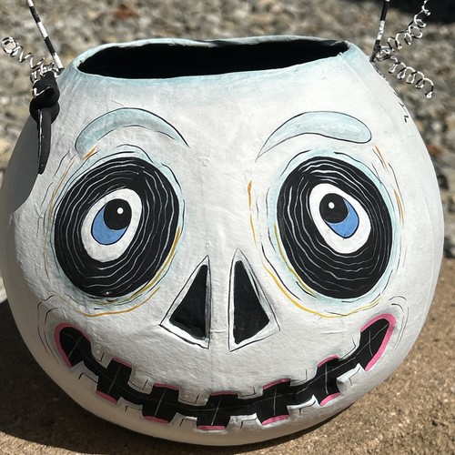 Vtg Dept 56 Glitterville Paper Mache Skeleton Halloween Candy Bucket Pail 7" - Picture 2 of 15