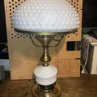 Vintage Large Hurricane White Milk Glass Hobnail  Lamp. Crimped Ruffled Edge.