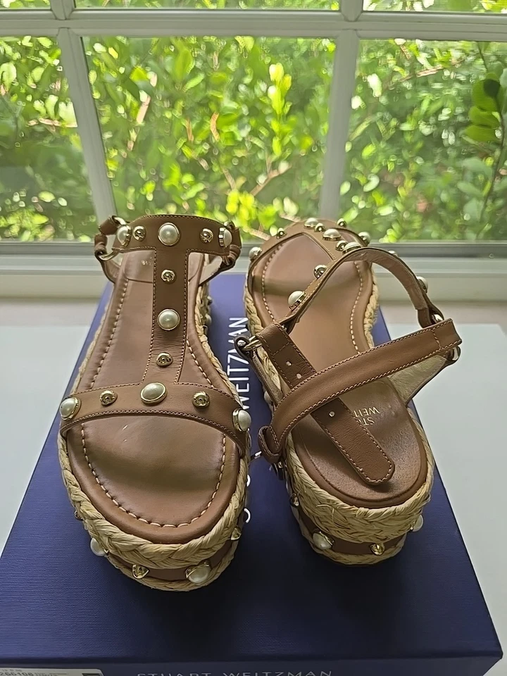 Stuart Weitzman Beraffia Miel Vachetta Leather Tan Pearls Wedge Platform Sz 8 - Image 2 of 4