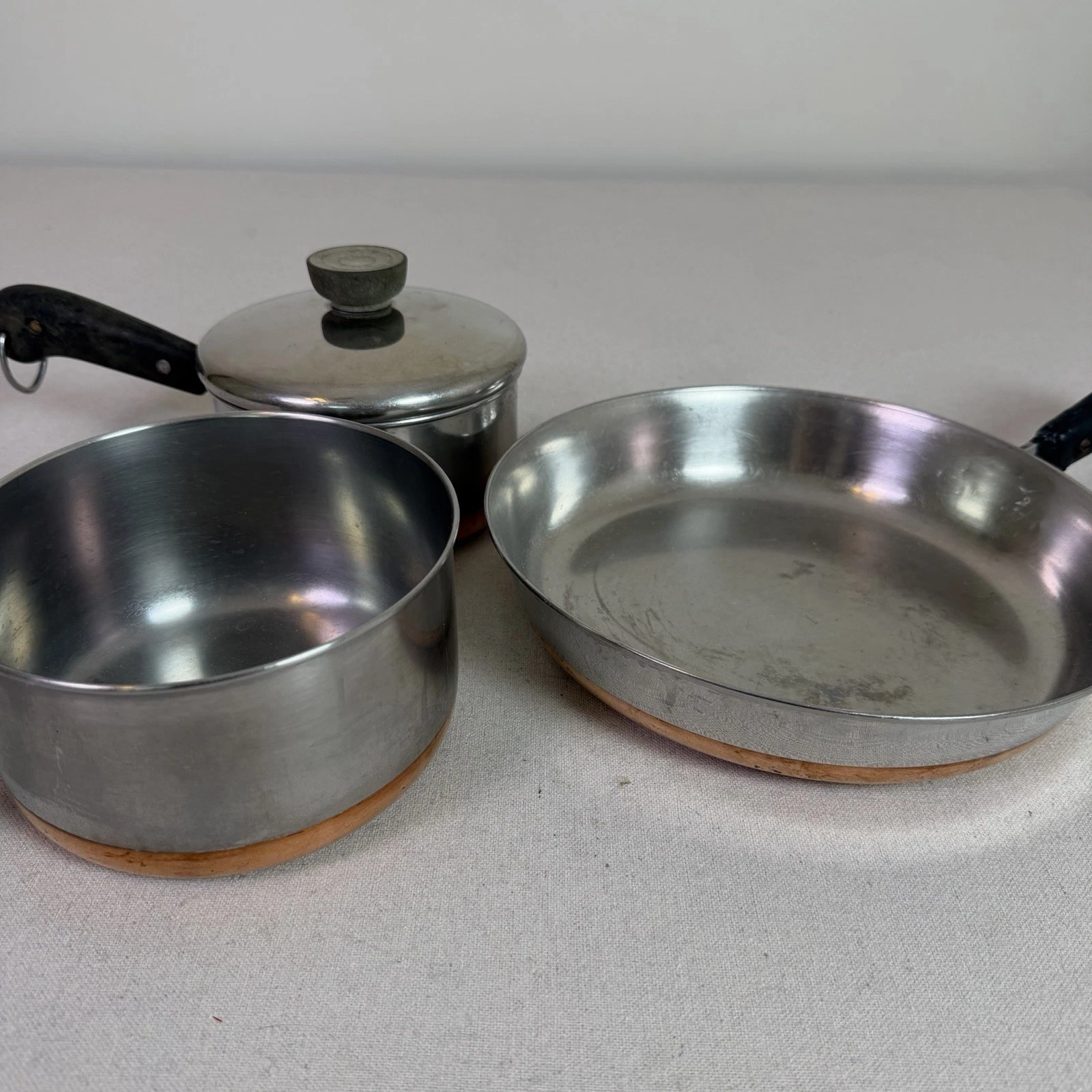 Vintage Revere Ware Copper Bottom Set of 3 Saucepan Skillet Pre 1968 Double Ring